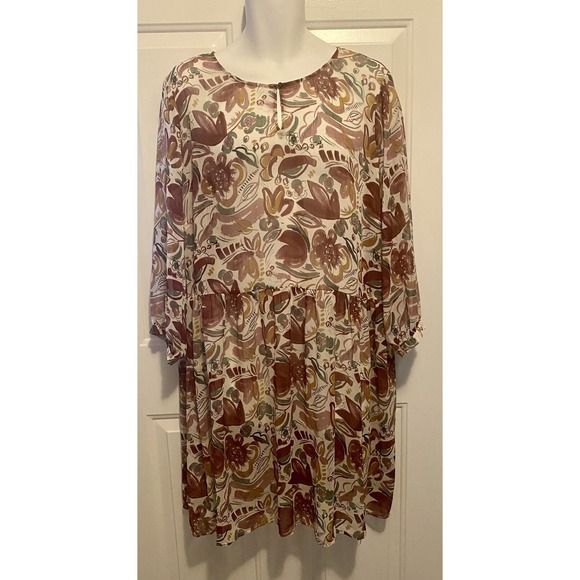 Vince Camuto Dresses & Skirts - Two By Vince Camuto Shirt Dress Sheer Floral Long Sleeve XXL 2X Burgundy Cottage